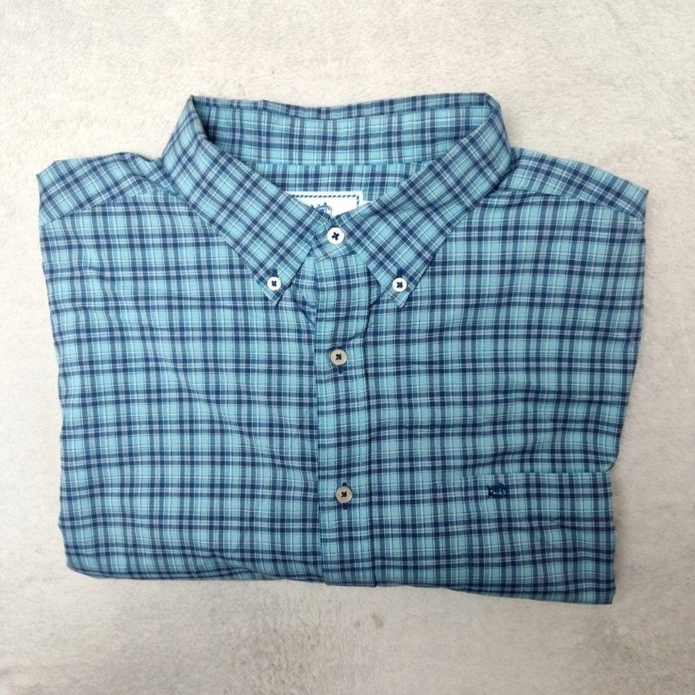 Southern Tide Shirt Men 2XL Blue Plaid Button-Up Intercoastal Stretch Tech Nylon